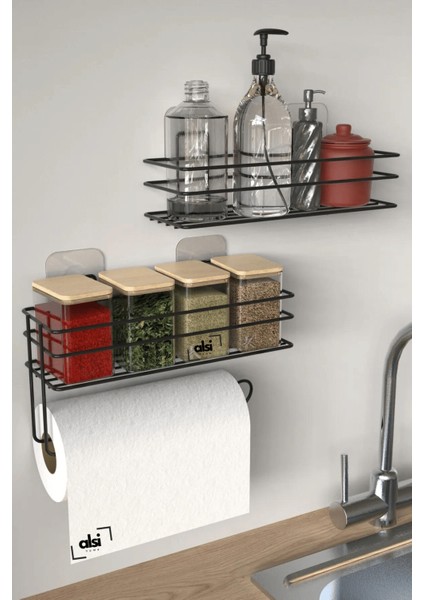 Yapışkanlı Şampuanlık Baharatlık 2li Metal Kağıt Havluluk Siyah Standlı Şık Mutfak Banyo Rafı