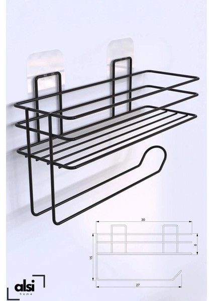 Yapışkanlı Şampuanlık Baharatlık 2li Metal Kağıt Havluluk Siyah Standlı Şık Mutfak Banyo Rafı