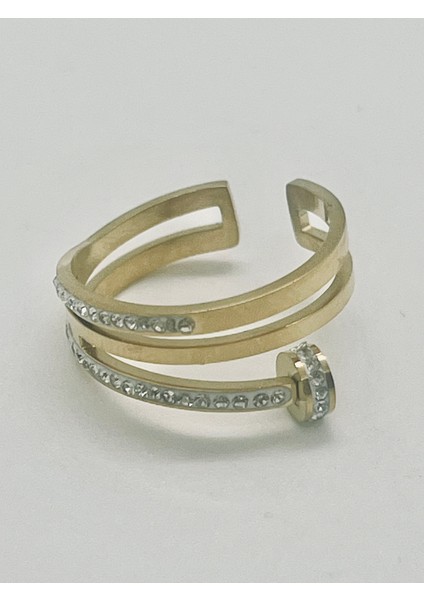 Gold Zirkon Taş Ayarlanabilir Çelik Yüzük