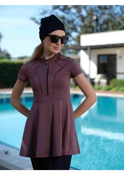 Hızlı Kuruyan Mayo Kumaşı Yarım Fermuarlı Kısa Kollu Taytlı Kadın Mayo 2438 fiyatları