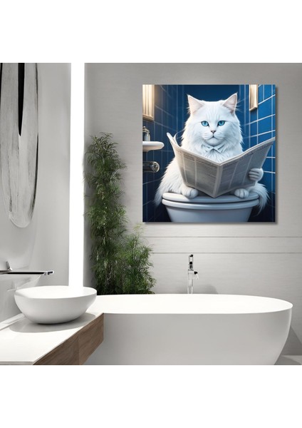 Tekli Kare Kanvas Banyo Tablosu Gazete Okuyan Beyaz Mavi Gözlü Kedi