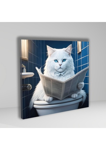 Tekli Kare Kanvas Banyo Tablosu Gazete Okuyan Beyaz Mavi Gözlü Kedi fiyatları