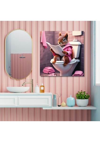 Tekli Kare Kanvas Banyo Tablosu Gazete Okuyan Bornozlu Sincap
