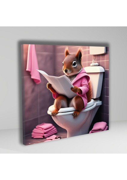 Tekli Kare Kanvas Banyo Tablosu Gazete Okuyan Bornozlu Sincap fiyatları