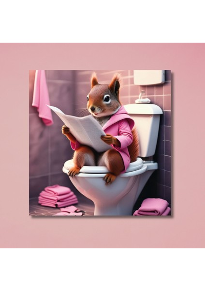 Tekli Kare Kanvas Banyo Tablosu Gazete Okuyan Bornozlu Sincap modelleri