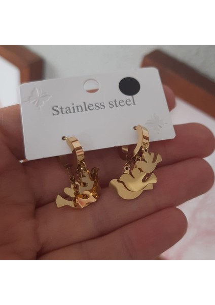 Çelik Gold Renk Kuş Figürlü Halka Kadın Küpe