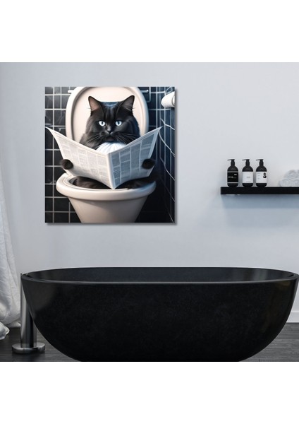 Tekli Kare Kanvas Banyo Tablosu Gazete Okuyan Siyah Smokin Kedi Mavi Gözlü