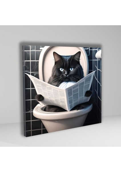 Tekli Kare Kanvas Banyo Tablosu Gazete Okuyan Siyah Smokin Kedi Mavi Gözlü fiyatları
