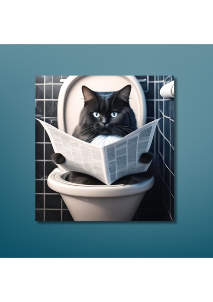 Tekli Kare Kanvas Banyo Tablosu Gazete Okuyan Siyah Smokin Kedi Mavi Gözlü modelleri