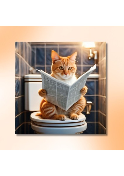 Tekli Kare Kanvas Banyo Tablosu Gazete Okuyan Sarı Sarman Kedi