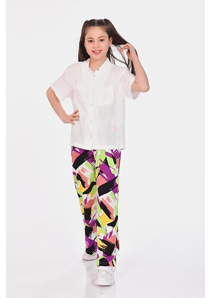 Viskon Rahat Kesim Geniş Paça Desenli Kız Çocuk Pantolon modelleri