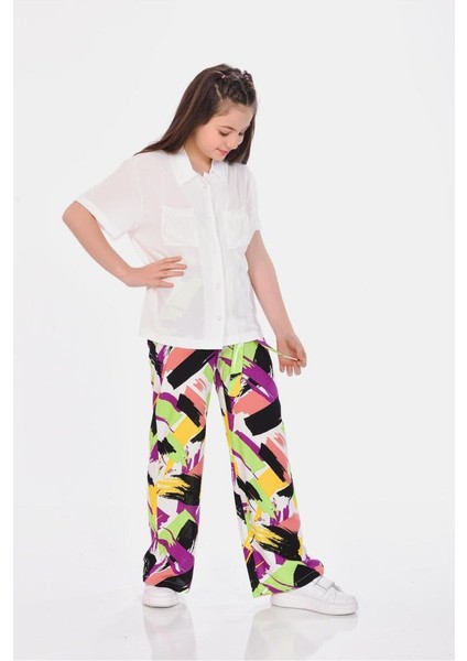 Viskon Rahat Kesim Geniş Paça Desenli Kız Çocuk Pantolon fırsatları