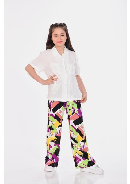 Viskon Rahat Kesim Geniş Paça Desenli Kız Çocuk Pantolon indirimleri