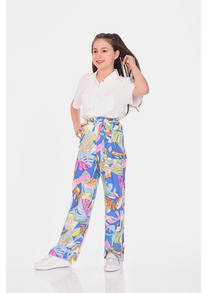 Viskon Rahat Kesim Geniş Paça Desenli Kız Çocuk Pantolon modelleri