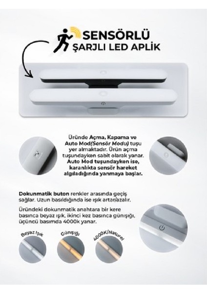 Akıllı Sensörlü LED Aplik Mıknatıslı Dimmerli Şarjlı LED Işık 3 Farklı Işık Hero LED Nova Kablosuz LED Lamba