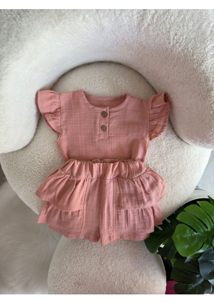 Bebek Pamuklu Fırfırlı Şortlu Kız çocuk takım - Gül Kurusu