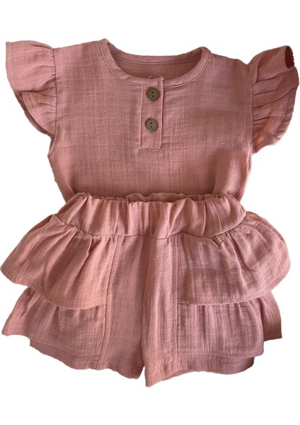 Bebek Pamuklu Fırfırlı Şortlu Kız çocuk takım - Gül Kurusu fiyatları