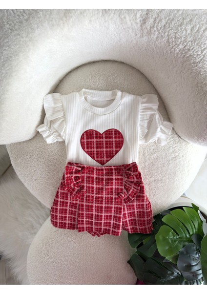 Ekose Şort Etekli Kalpli Kız 2 li takım - Kırmızı