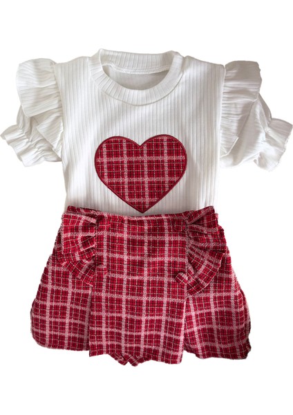 Ekose Şort Etekli Kalpli Kız 2 li takım - Kırmızı fiyatları