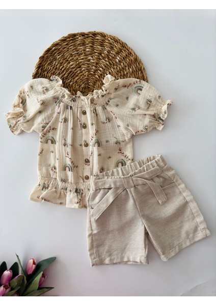 Karpuz Kol Kayık Yaka Şortlu Müslin takım - Yeşiltaş