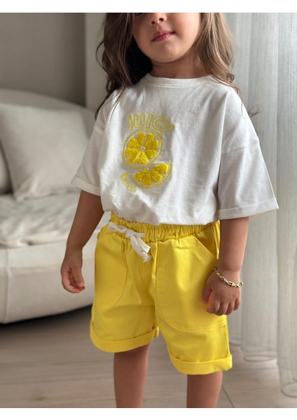 Limon Aplike Işleme Şortlu Kız çocuk takım - Sarı