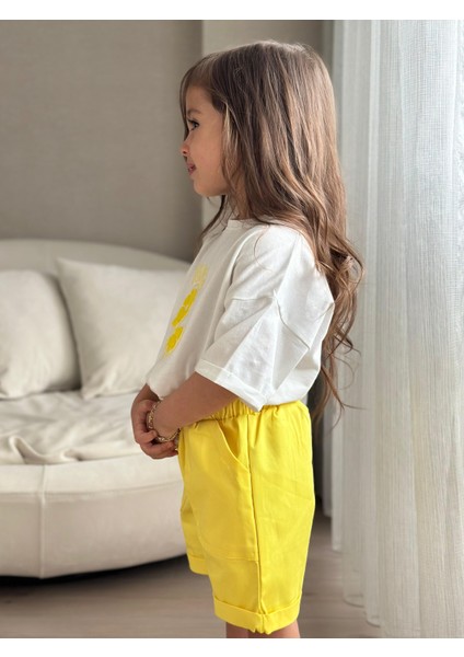 Limon Aplike Işleme Şortlu Kız çocuk takım - Sarı
