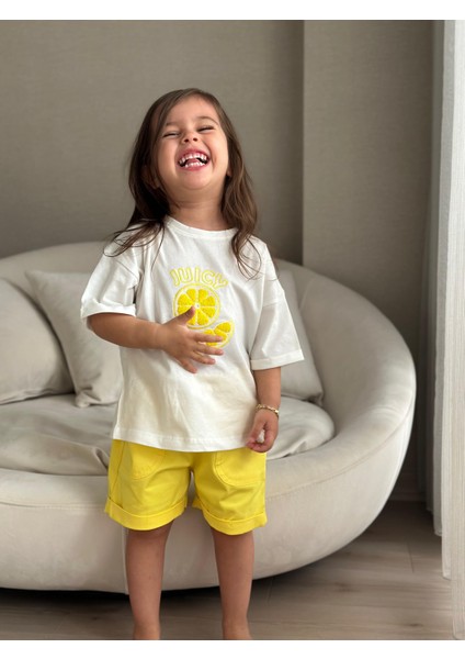 Limon Aplike Işleme Şortlu Kız çocuk takım - Sarı