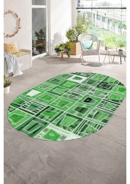 Dijital Kaymaz Yıkanabilir Patchwork Oval Yolluk Mutfak Salon Halısı, N-O-Patchwork-11-Yeşil,