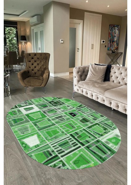 Dijital Kaymaz Yıkanabilir Patchwork Oval Yolluk Mutfak Salon Halısı, N-O-Patchwork-11-Yeşil,