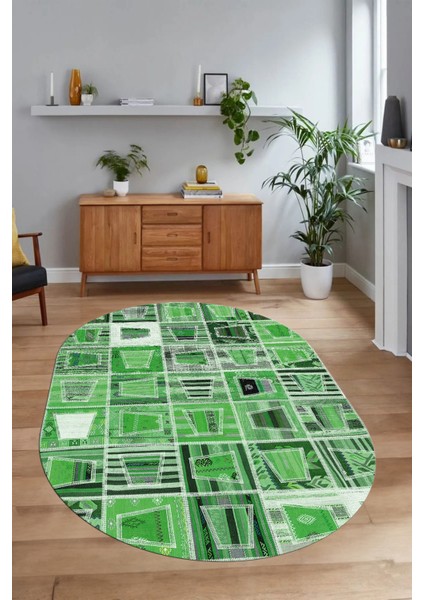 Dijital Kaymaz Yıkanabilir Patchwork Oval Yolluk Mutfak Salon Halısı, N-O-Patchwork-11-Yeşil,