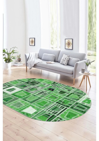 Dijital Kaymaz Yıkanabilir Patchwork Oval Yolluk Mutfak Salon Halısı, N-O-Patchwork-11-Yeşil,