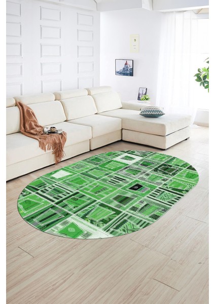 Dijital Kaymaz Yıkanabilir Patchwork Oval Yolluk Mutfak Salon Halısı, N-O-Patchwork-11-Yeşil,