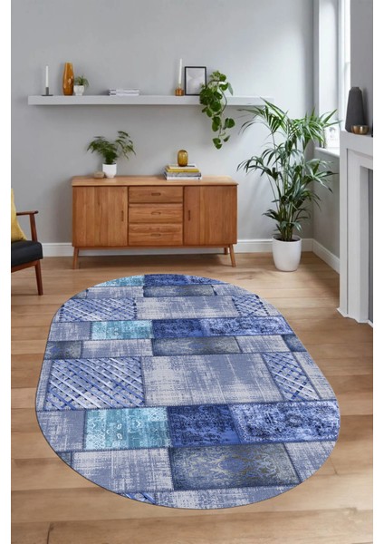 Dijital Kaymaz Yıkanabilir Patchwork Oval Yolluk Mutfak Salon Halısı, N-O-Patchwork-18-Mavi,