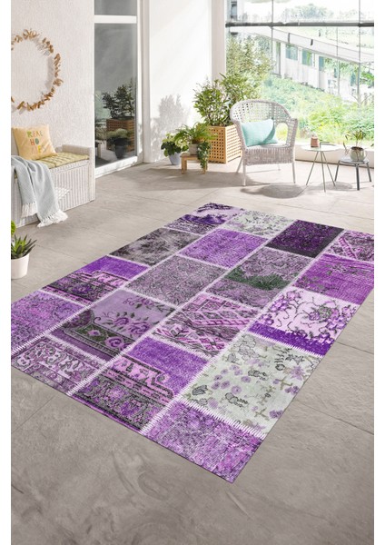Dijital Baskı Kaymaz Taban Yıkanabilir Patchwork Yolluk Mutfak Salon Halısı, N-Patchwork-04-Mor,
