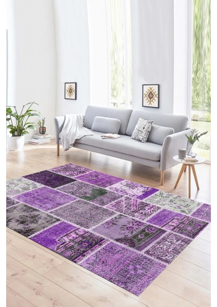 Dijital Baskı Kaymaz Taban Yıkanabilir Patchwork Yolluk Mutfak Salon Halısı, N-Patchwork-04-Mor, fırsatları