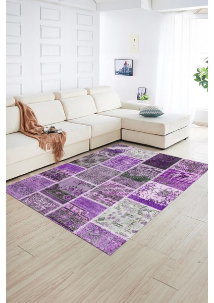 Dijital Baskı Kaymaz Taban Yıkanabilir Patchwork Yolluk Mutfak Salon Halısı, N-Patchwork-04-Mor, indirimleri