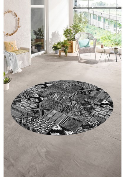 Dijital Kaymaz Yıkanabilir Patchwork Yuvarlak Balkon Mutfak Salon Halısı, N-Y-Patchwork-06-Gri,