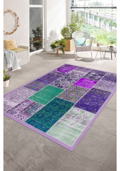 Dijital Baskı Kaymaz Taban Yıkanabilir Patchwork Yolluk Mutfak Salon Halısı, N-Patchwork-01-Mor,