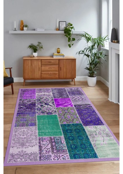 Dijital Baskı Kaymaz Taban Yıkanabilir Patchwork Yolluk Mutfak Salon Halısı, N-Patchwork-01-Mor,