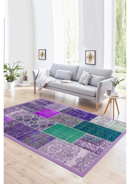 Dijital Baskı Kaymaz Taban Yıkanabilir Patchwork Yolluk Mutfak Salon Halısı, N-Patchwork-01-Mor,