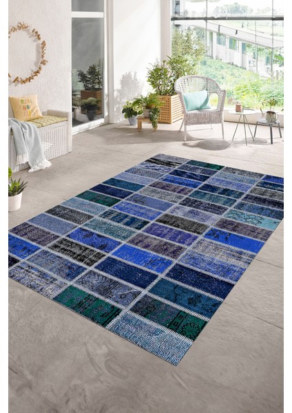 Dijital Baskı Kaymaz Taban Yıkanabilir Patchwork Yolluk Mutfak Salon Halısı, N-Patchwork-09-Mavi,