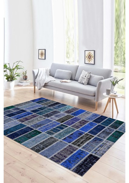 Dijital Baskı Kaymaz Taban Yıkanabilir Patchwork Yolluk Mutfak Salon Halısı, N-Patchwork-09-Mavi, fırsatları