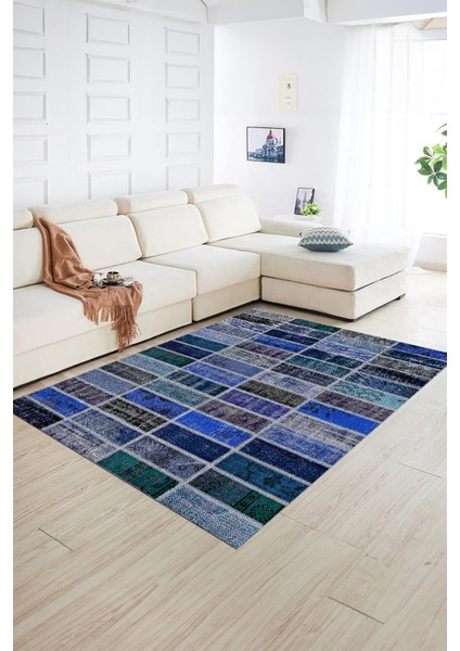 Dijital Baskı Kaymaz Taban Yıkanabilir Patchwork Yolluk Mutfak Salon Halısı, N-Patchwork-09-Mavi, indirimleri