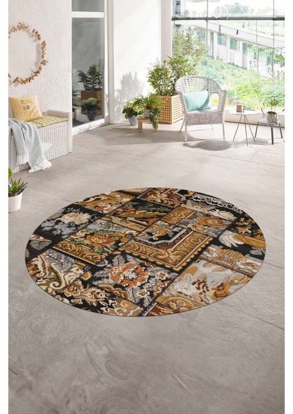 Dijital Kaymaz Yıkanabilir Patchwork Yuvarlak Balkon Mutfak Salon Halısı, N-Y-Patchwork-12-Kahve,