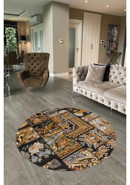 Dijital Kaymaz Yıkanabilir Patchwork Yuvarlak Balkon Mutfak Salon Halısı, N-Y-Patchwork-12-Kahve,