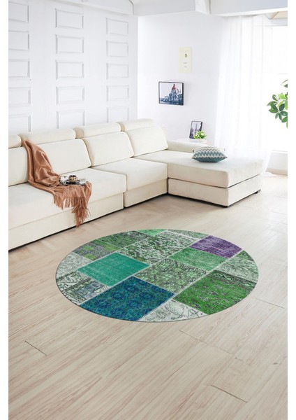 Dijital Kaymaz Yıkanabilir Patchwork Yuvarlak Balkon Mutfak Salon Halısı, N-Y-Patchwork-01-Yeşil, indirimleri