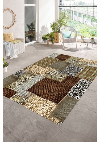 Dijital Baskı Kaymaz Taban Yıkanabilir Patchwork Yolluk Mutfak Salon Halısı, N-Patchwork-15-Kahve,