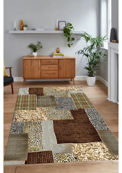 Dijital Baskı Kaymaz Taban Yıkanabilir Patchwork Yolluk Mutfak Salon Halısı, N-Patchwork-15-Kahve, modelleri