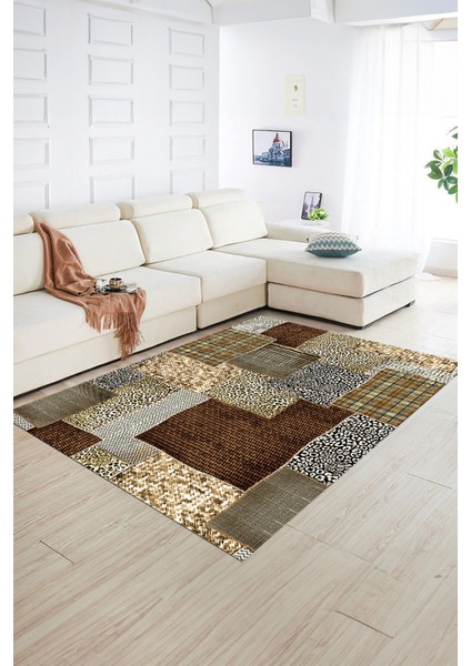 Dijital Baskı Kaymaz Taban Yıkanabilir Patchwork Yolluk Mutfak Salon Halısı, N-Patchwork-15-Kahve, indirimleri