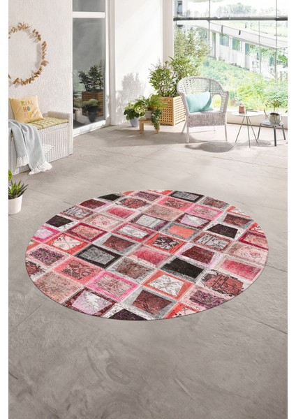 Dijital Kaymaz Yıkanabilir Patchwork Yuvarlak Balkon Mutfak Salon Halısı, N-Y-Patchwork-14-Kırmızı,